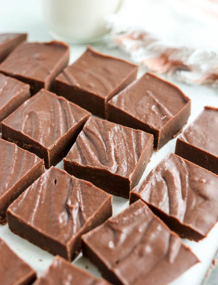 vegan fudge recipe sliced on white surface