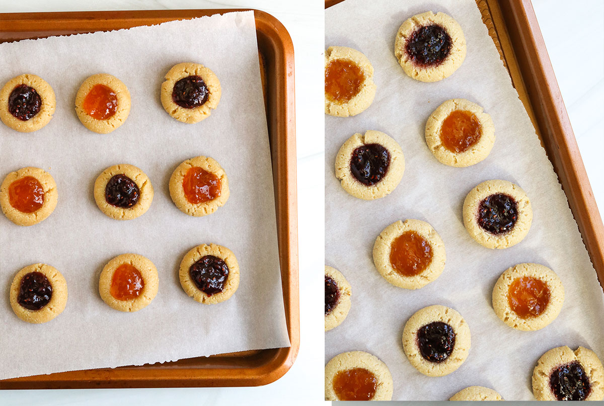 thumbprint cookies filled with jelly on the pan.