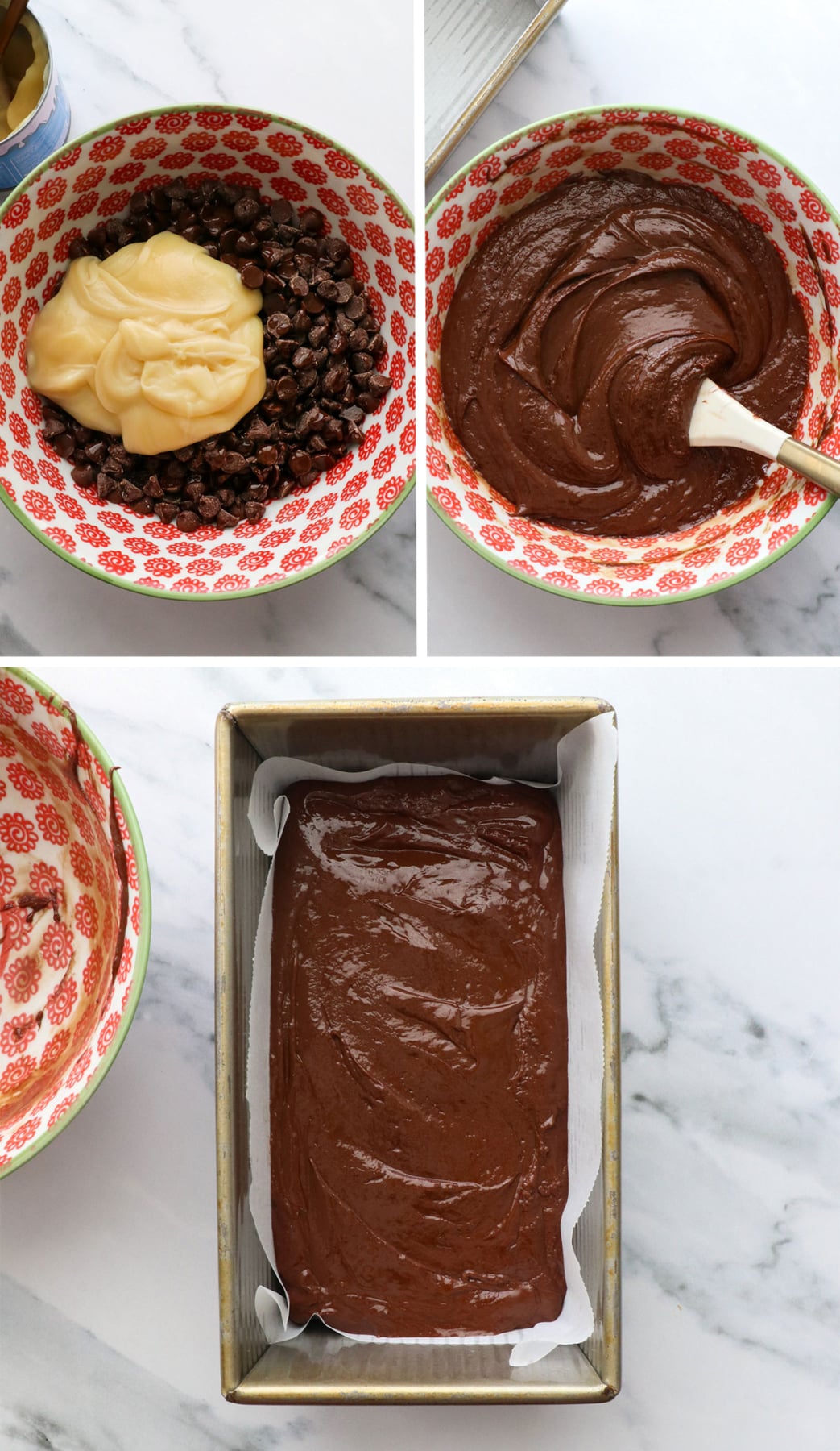 chocolate chips, coconut oil, coconut milk, and salt melted in a bowl and spread in a pan.