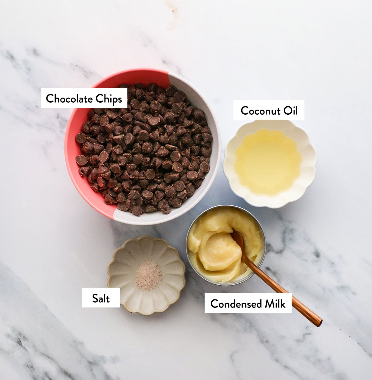 chocolate chips, coconut oil, condensed milk and salt labeled in bowls.