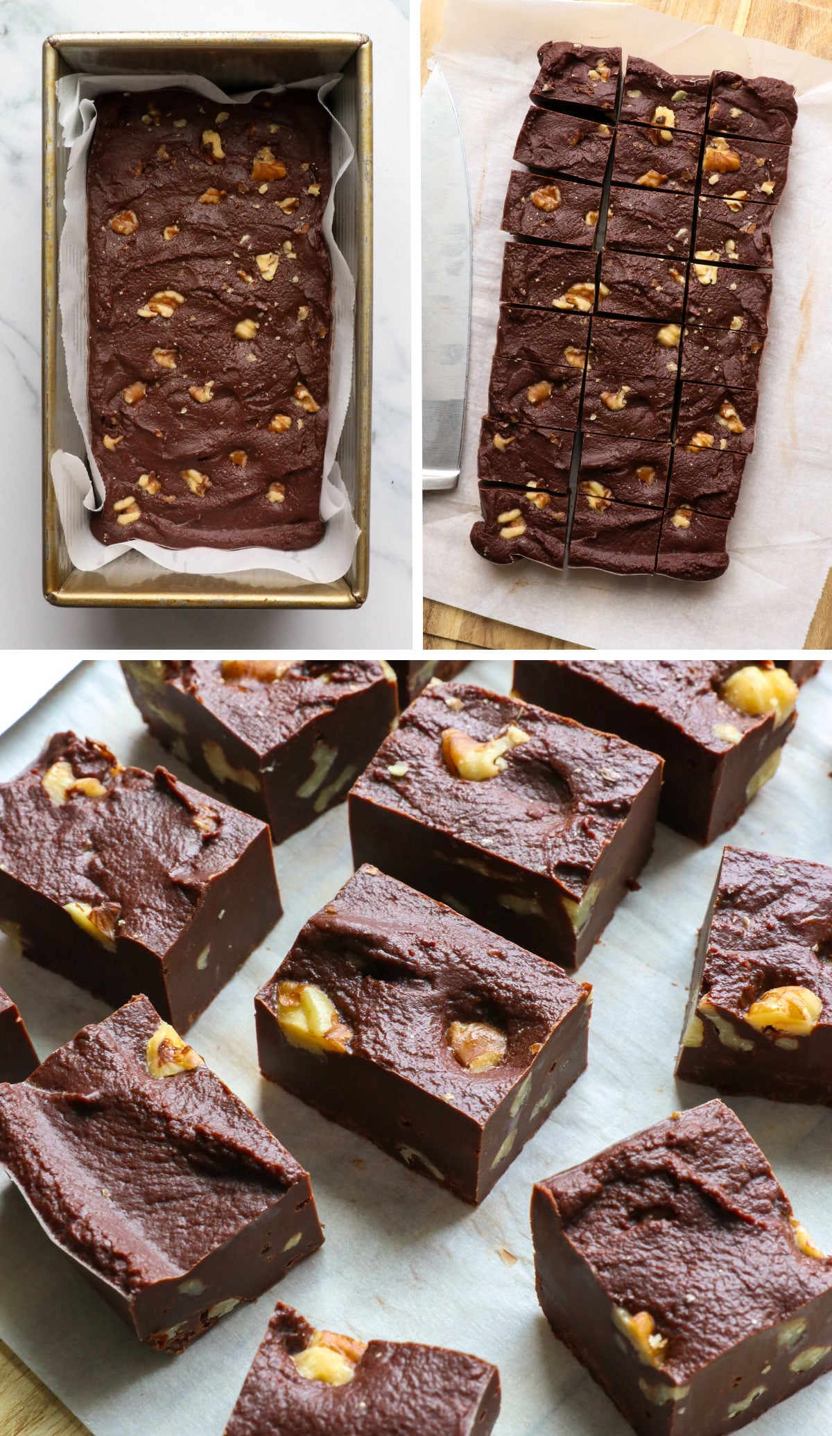 nuts pressed into a loaf pan and the fudge sliced into 24 small squares.