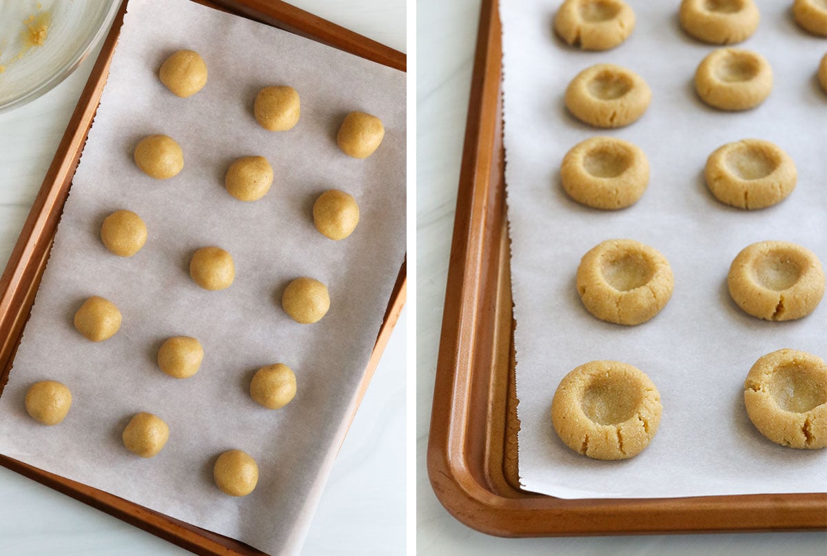 thumbprint dough on baking sheet.