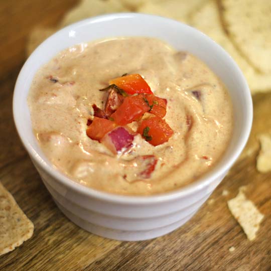 healthy queso dip in a small bowl