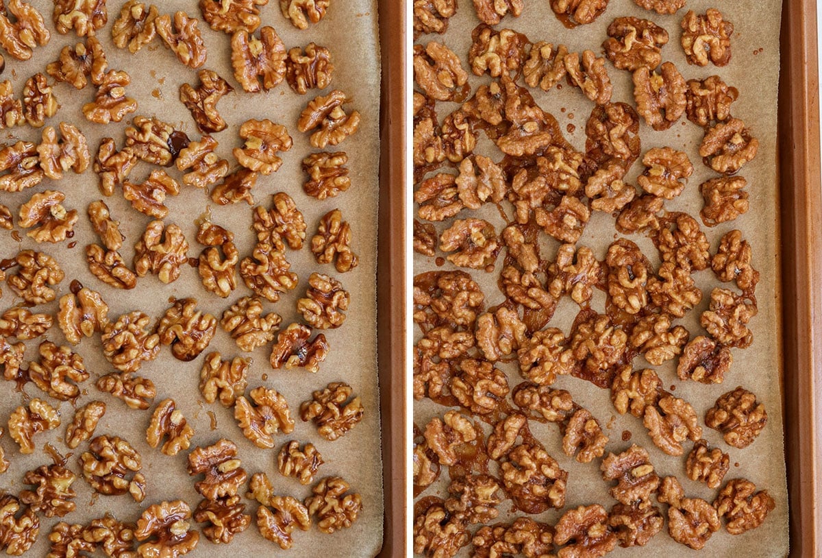 walnuts spread out on a pan and baked.