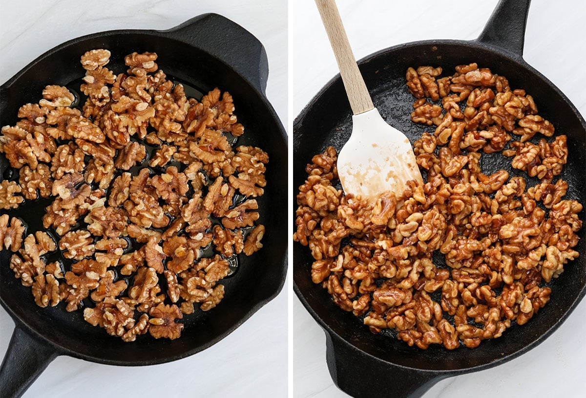 maple walnuts cooked in a skillet.
