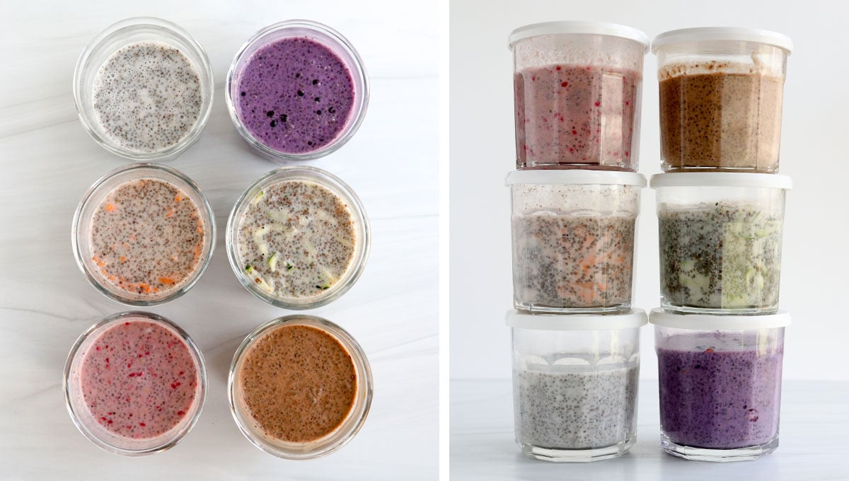 flavorings mixed into chia pudding jars.