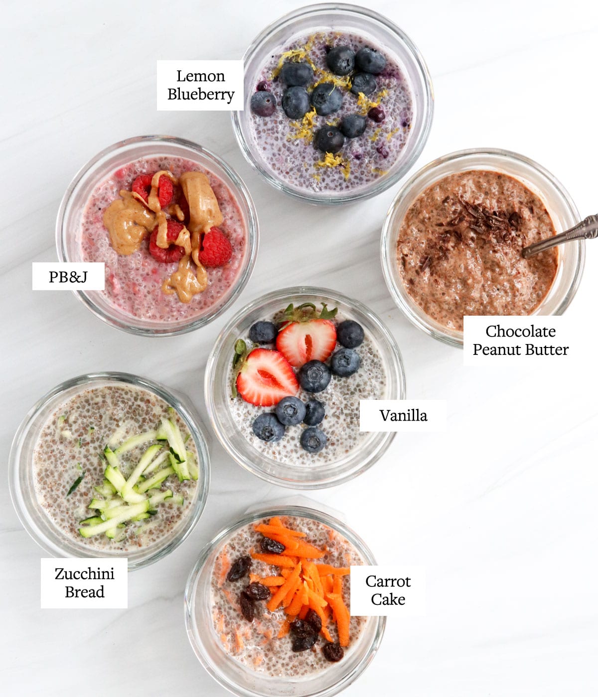 6 flavors of chia pudding labeled in jars.