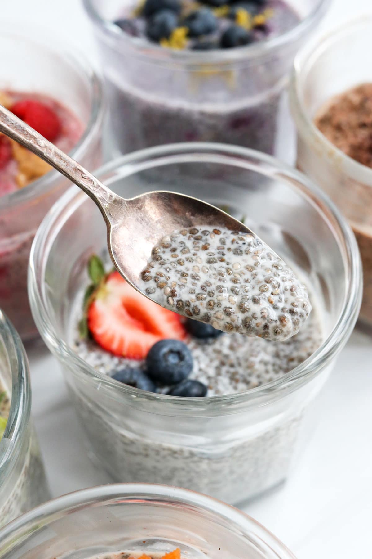 chia seed pudding on spoon.