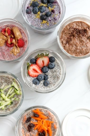chia seed pudding flavors in glass jars.