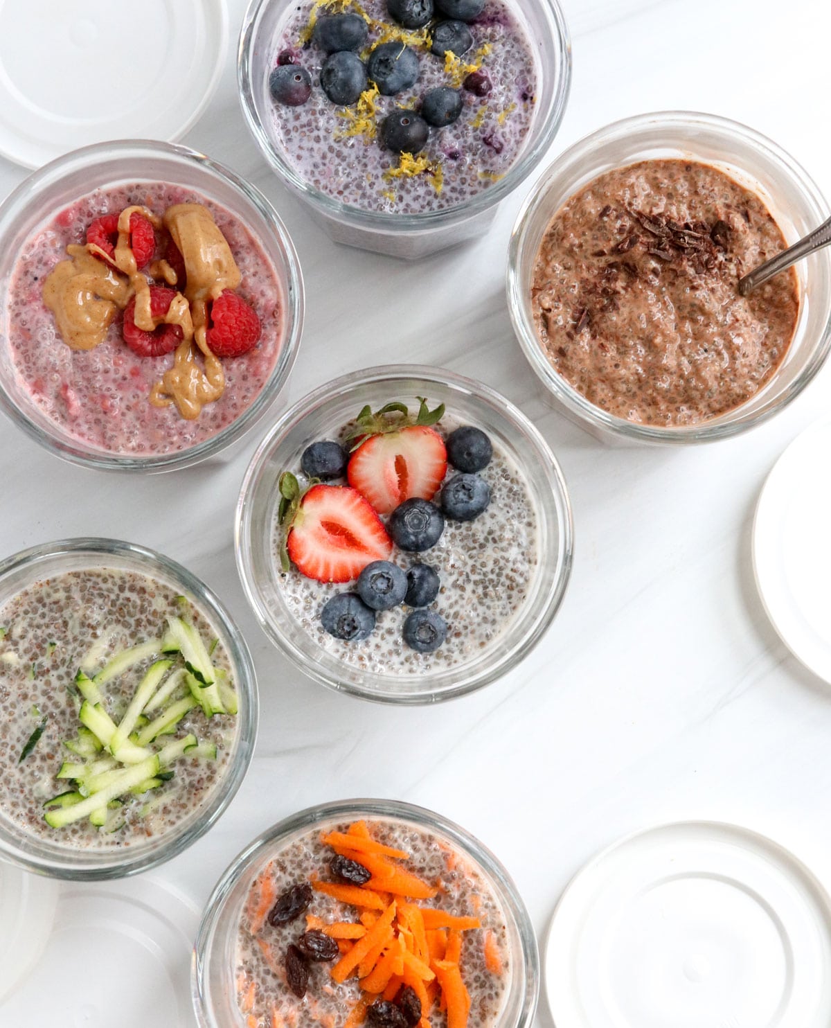 chia seed pudding flavors in glass jars.