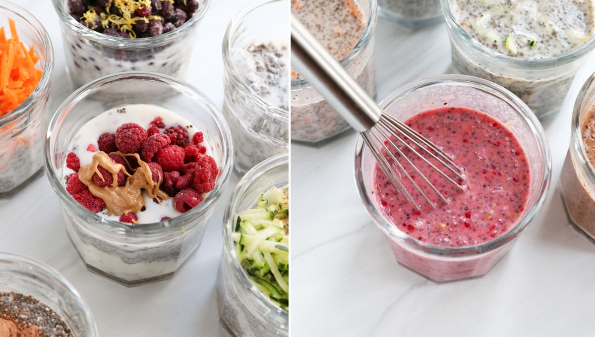 raspberries mixed into chia pudding.