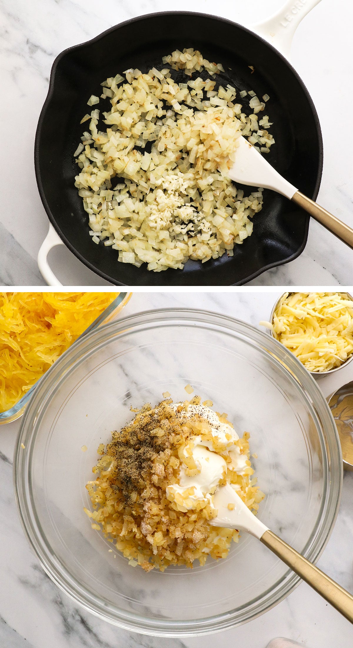 sauteed onion and garlic in a pan and mixed with yogurt and spices in a glass bowl.