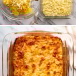 squash mixed with cheese and baked in a glass pan.