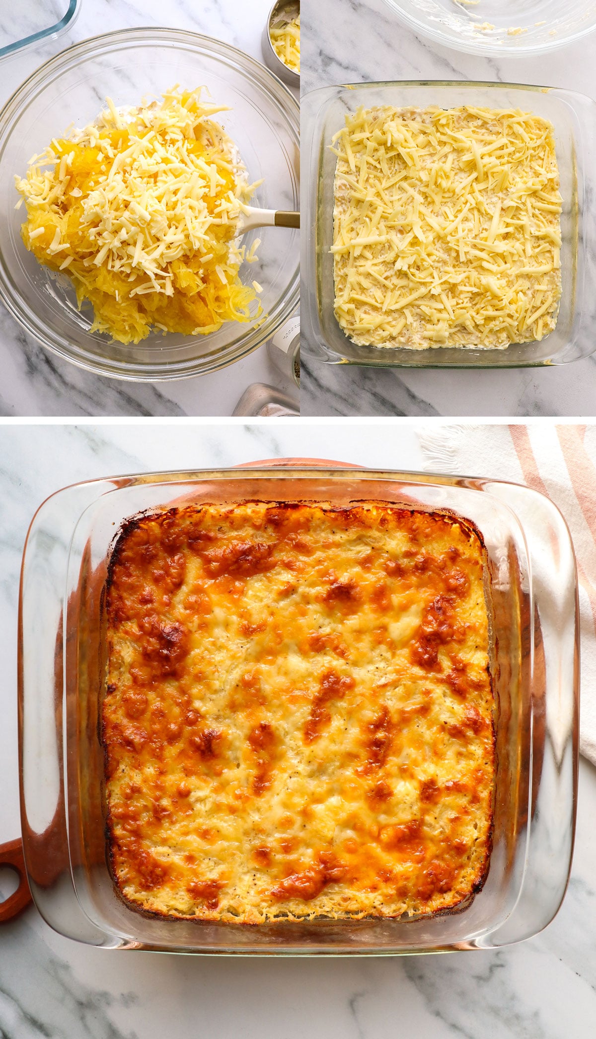 squash mixed with cheese and baked in a glass pan.
