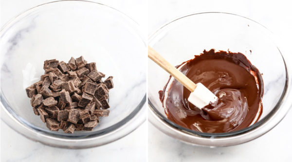 melted dark chocolate chips in bowl