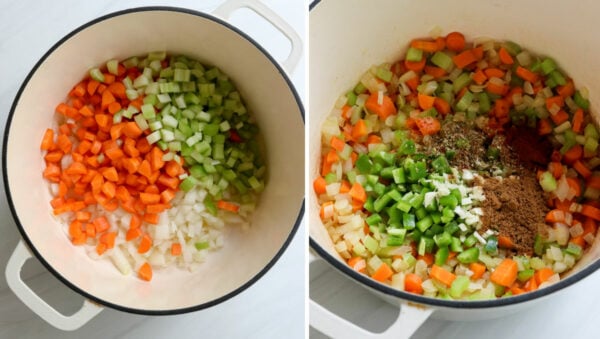 onions, carrots, and celery sauteed in white pot.