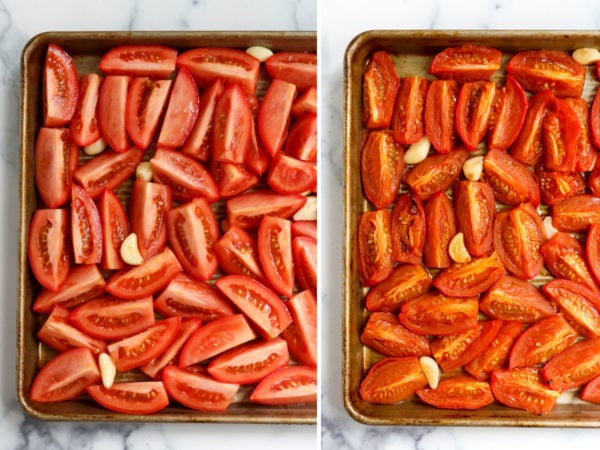 tomatoes before and after roasting on pan