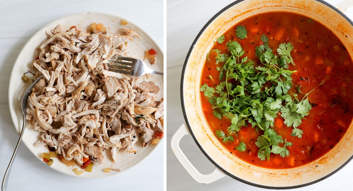 chicken shredded on plate while cilantro is added to pot. 