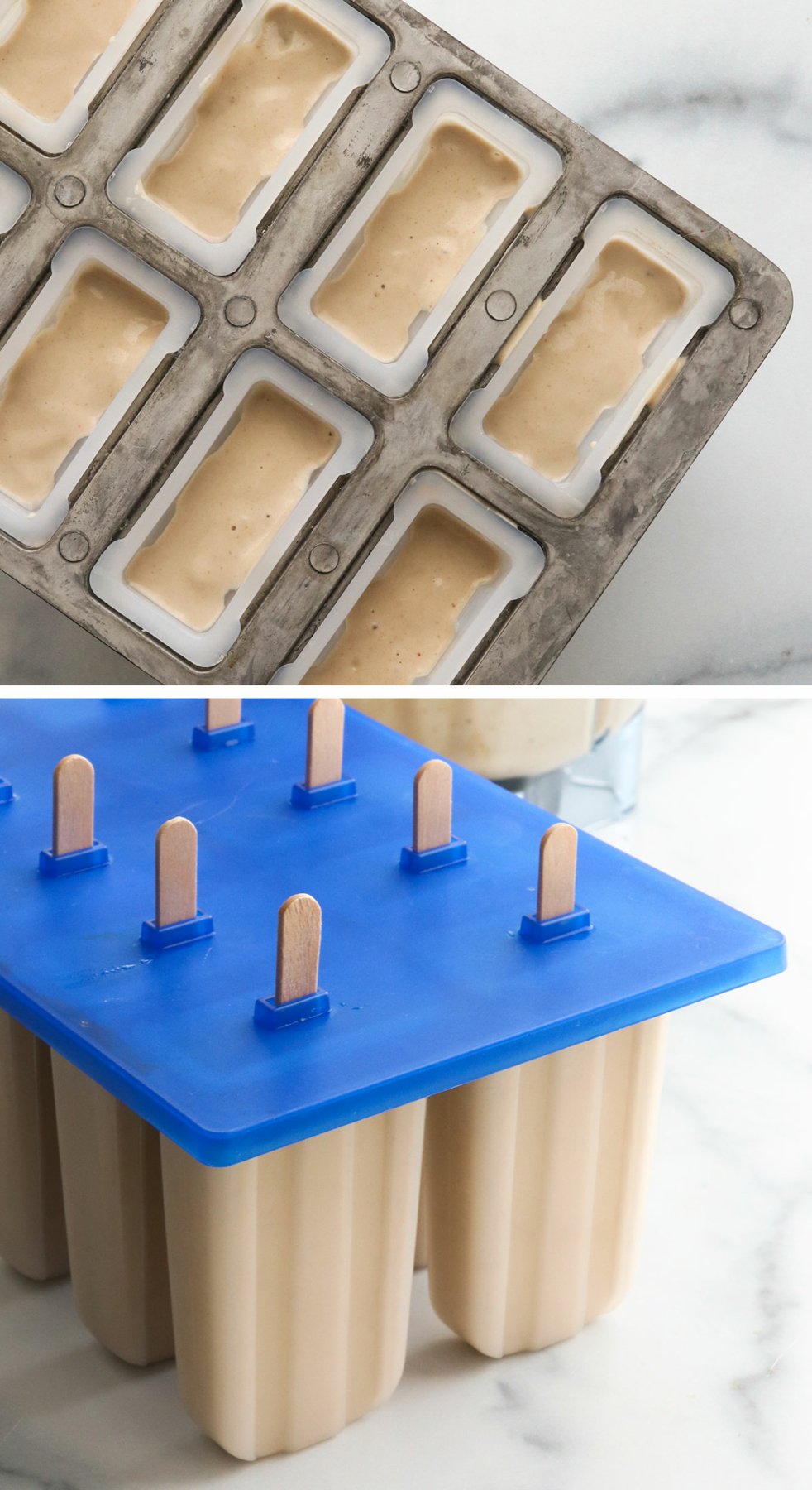 banana mixture added to a popsicle mold with sticks. 