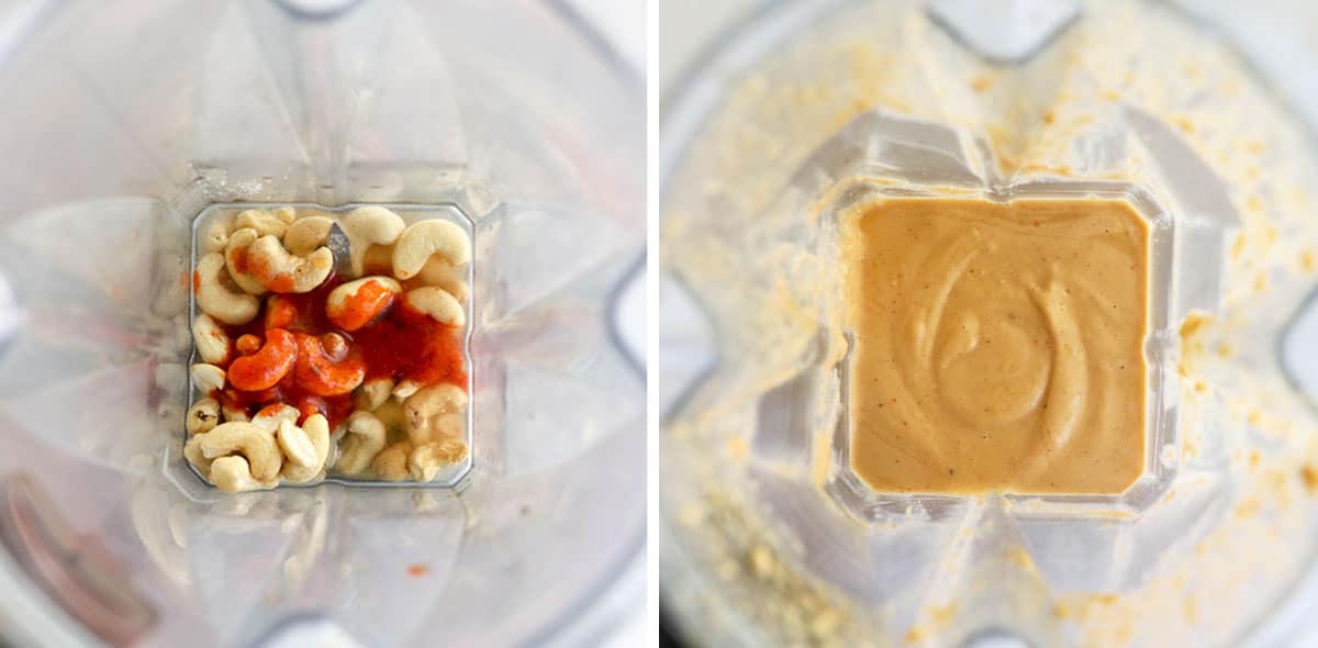 vegan sriracha mayo ingredients in blender both before and after blending