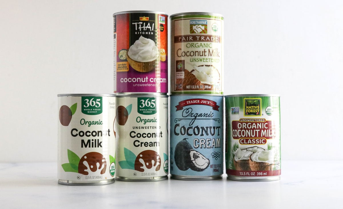 6 brands of coconut milk on counter