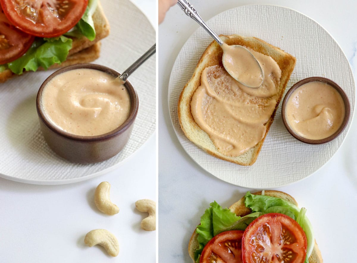vegan sriracha mayo spread on bread for a sandwich