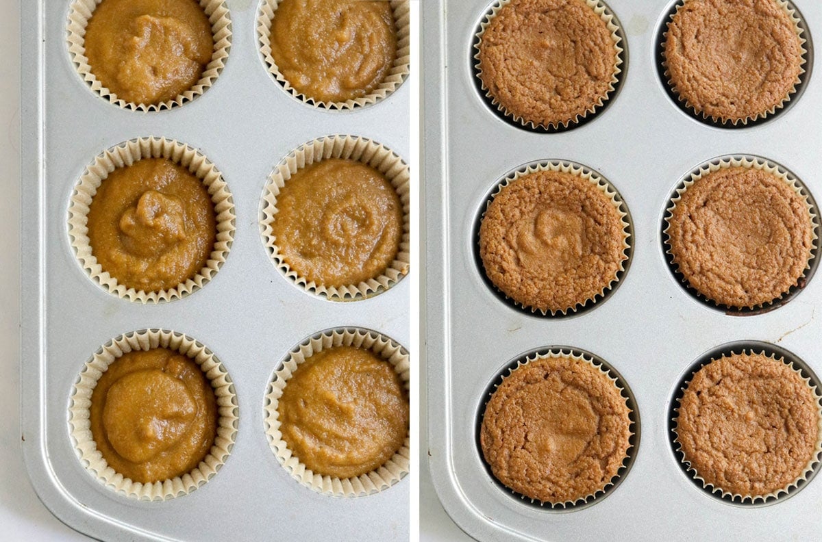 before and after of the cupcake batter in the muffin pan