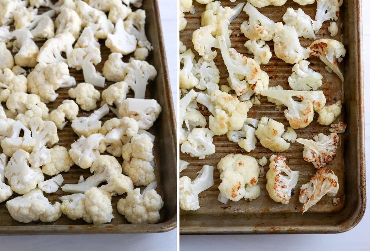 before and after roasting cauliflower on sheet pan
