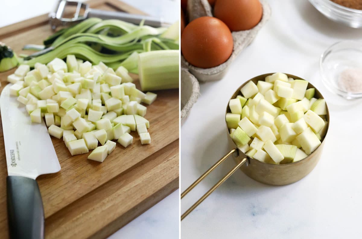 chopped zucchini on cutting board and in measuring cup