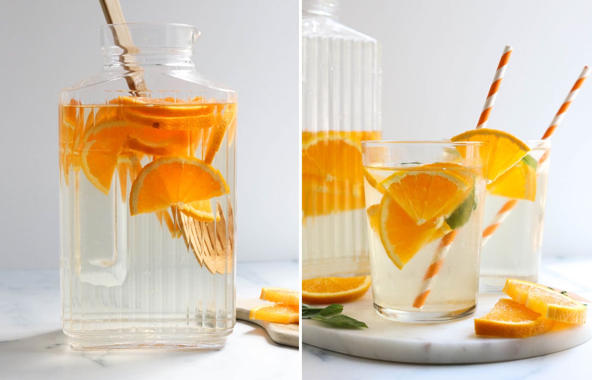 oranges stirred into water and served in glasses