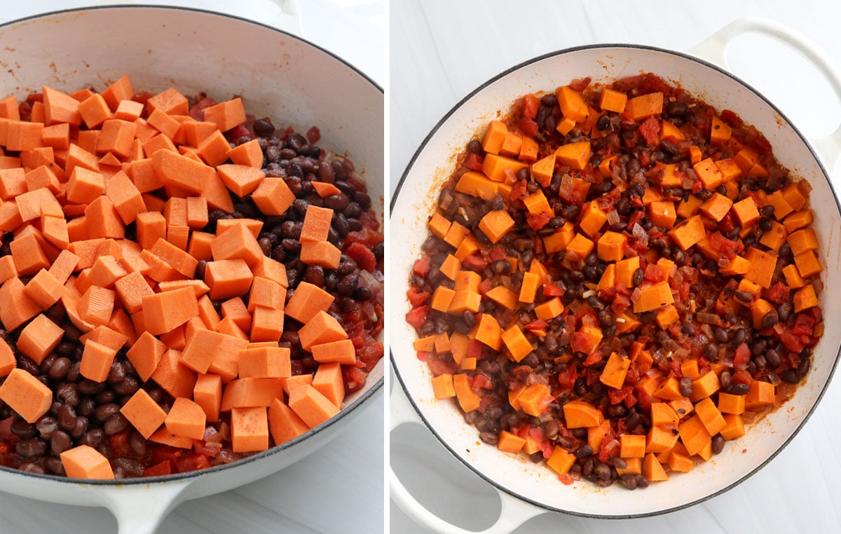 sweet potatoes and black beans added to the big white skillet