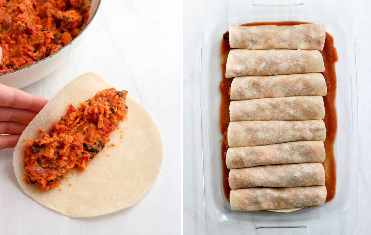 sweet potato filling added to tortilla and rolled up in pan