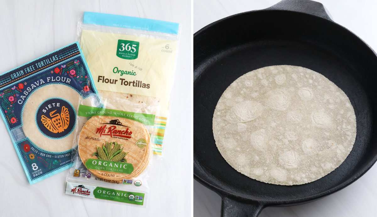 tortillas in packaging and heating up one in a skillet