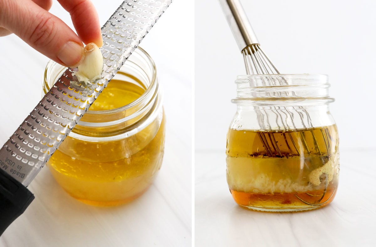 adding ingredients to a glass mason jar and mincing garlic