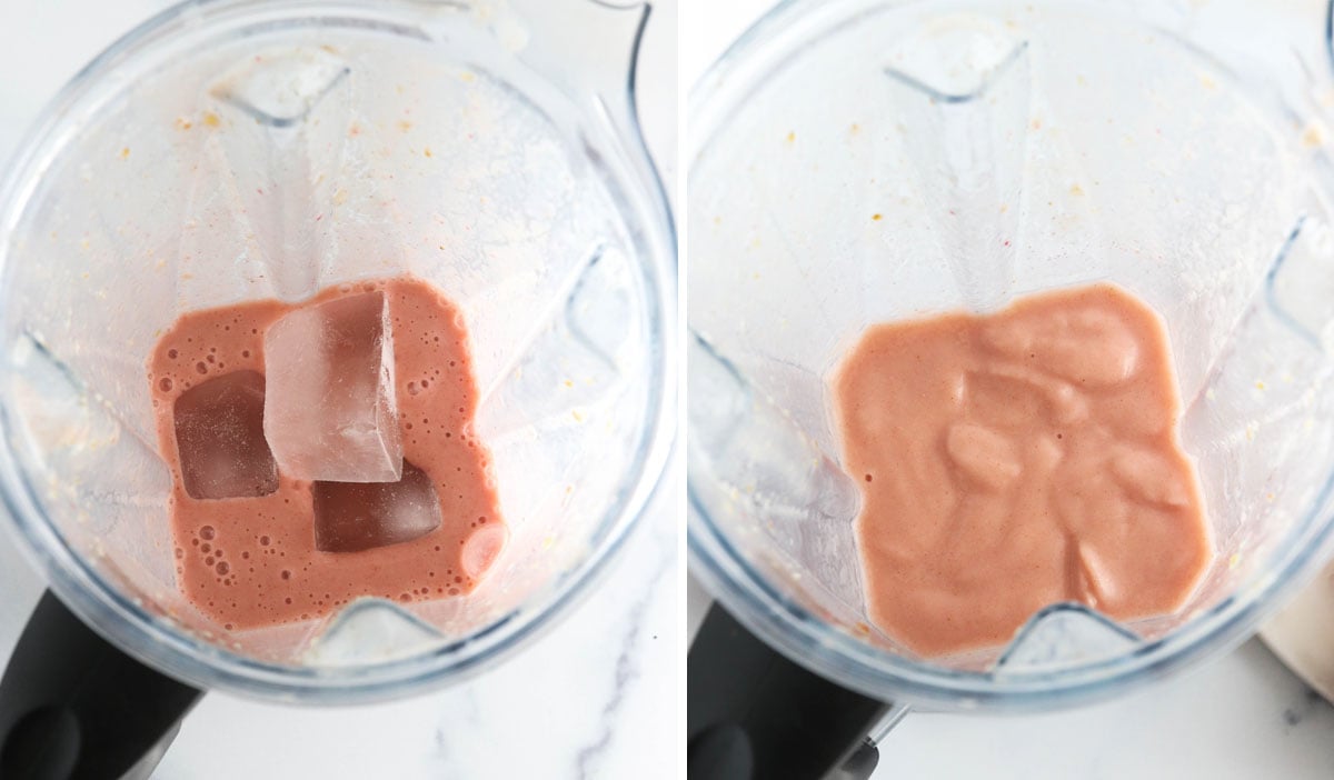 ice added to strawberry smoothie in blender
