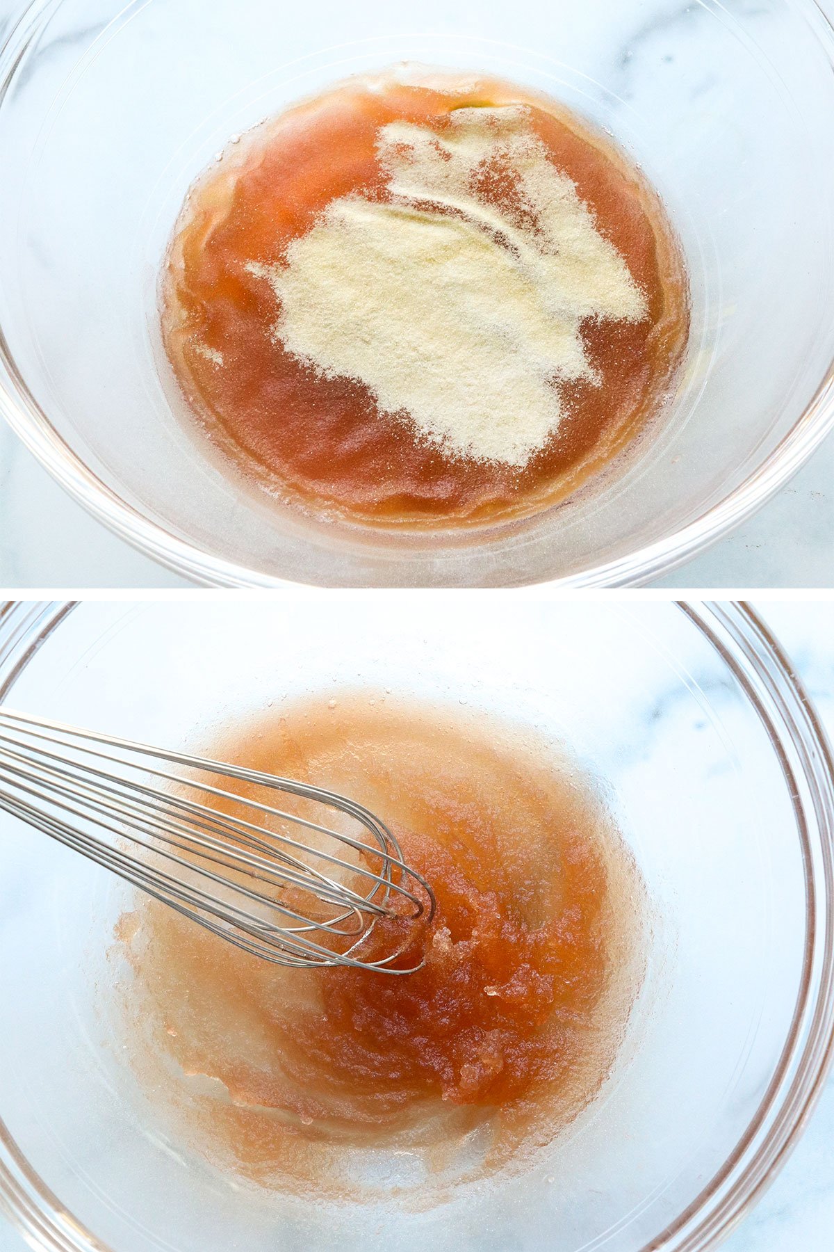 gelatin and fruit juice bloomed in a bowl with whisk.