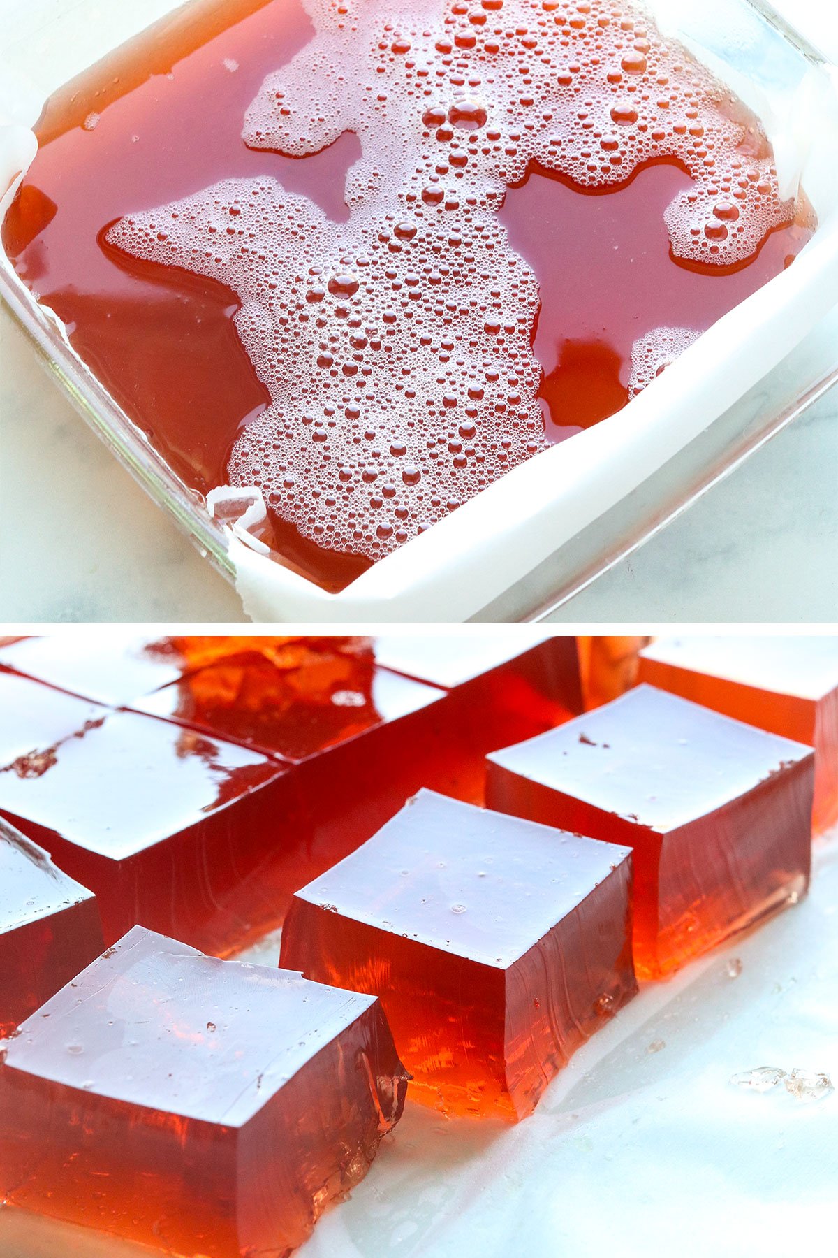 jello in square baking dish and sliced into squares when firm. 