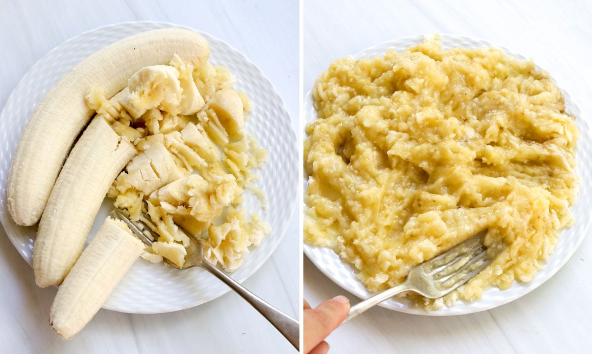 bananas mashed on a plate with a fork.