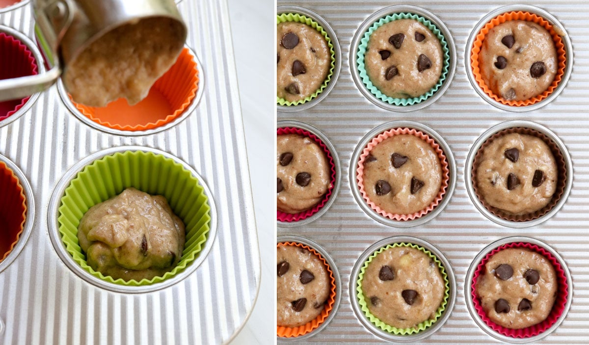 muffin batter added to muffin pan.
