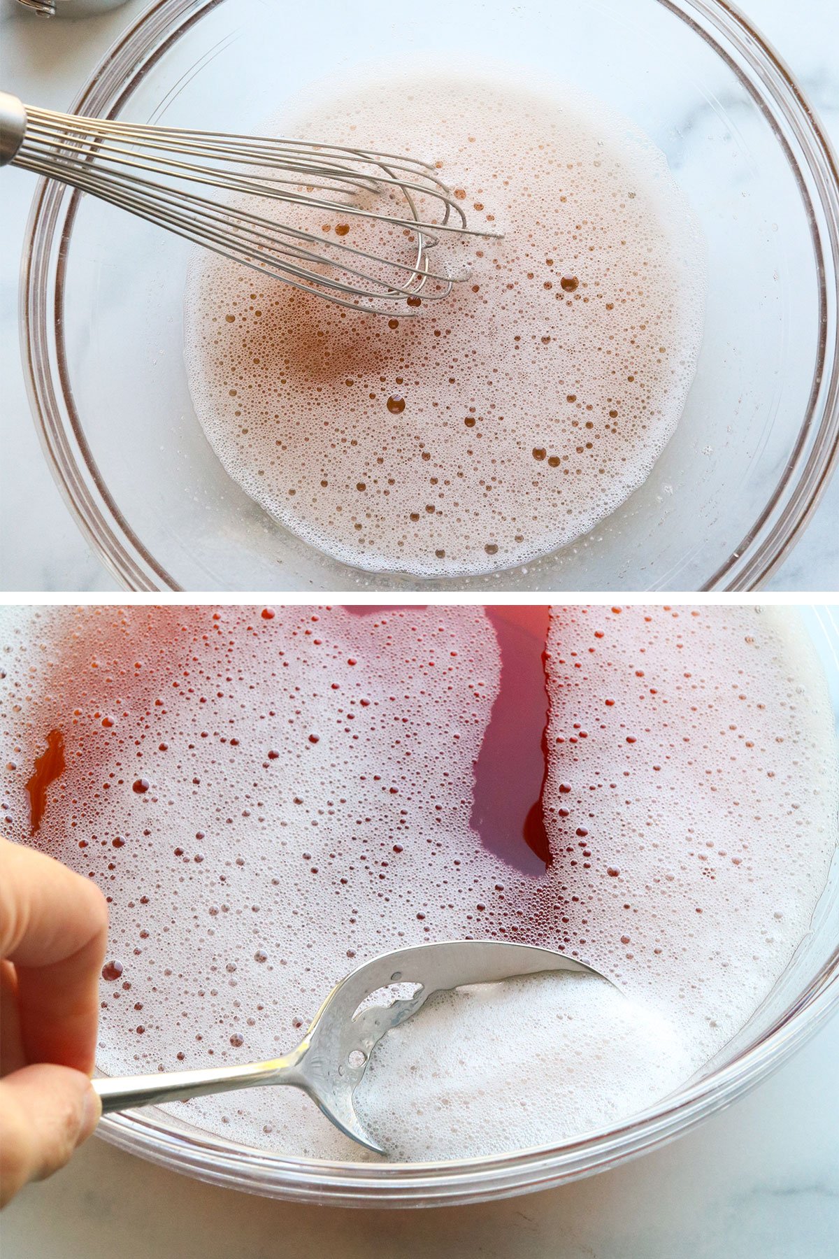 hot water whisked into gelatin and fruit juice with foam removed with spoon.