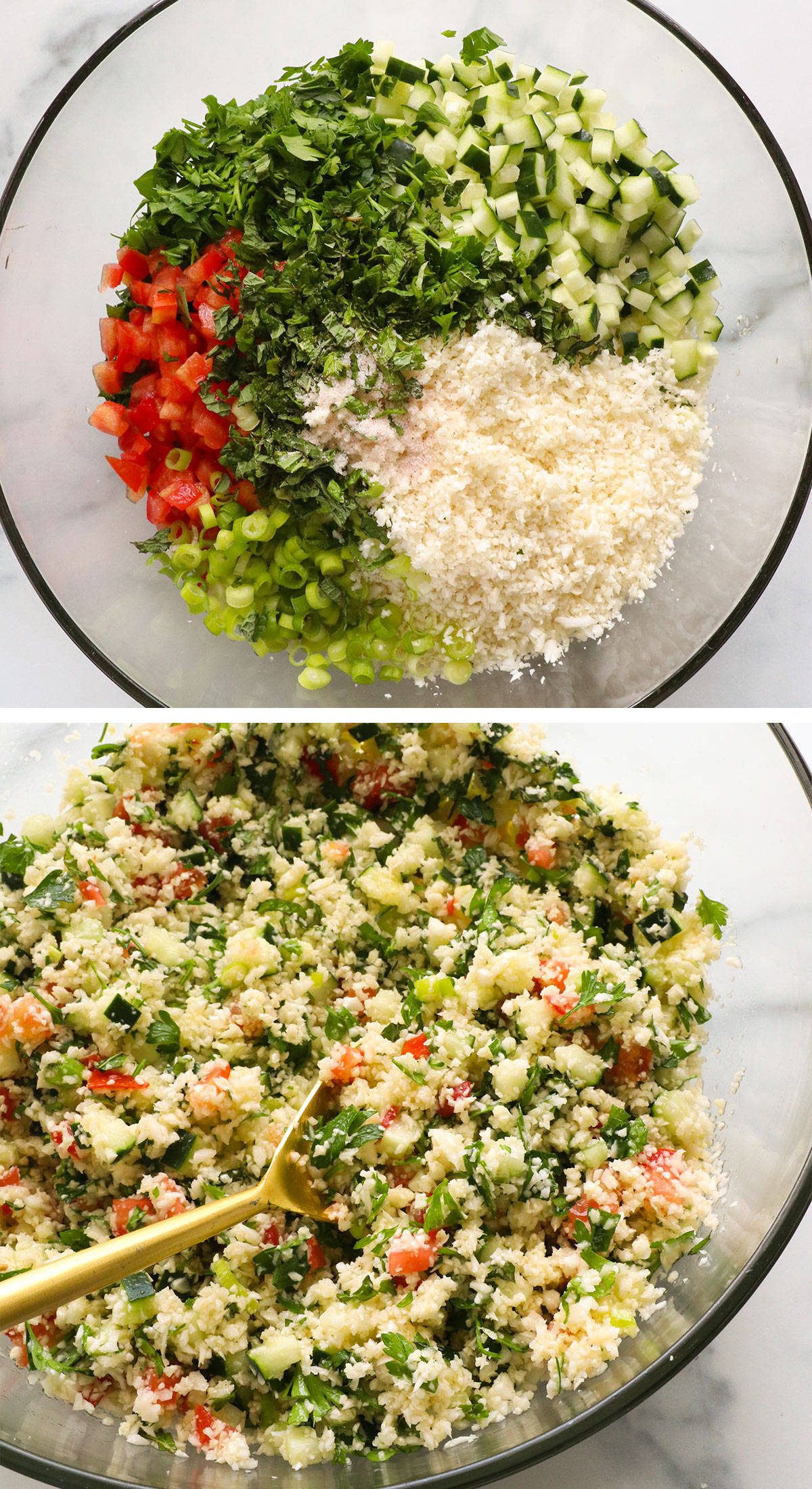 riced cauliflower, parsley, green onion, mint, and cucumber stirred together in a large bowl.