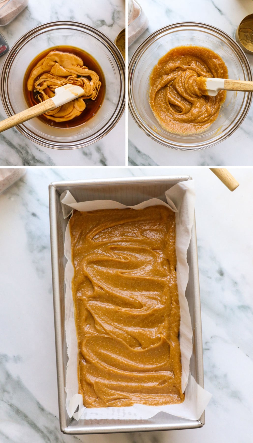 cashew butter mixed with maple syrup and vanilla to make a caramel layer in a loaf pan.