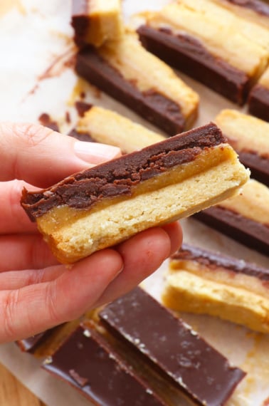 fun size healthy twix bar held up to show the layers.