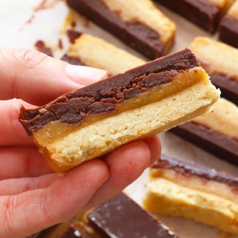 fun size healthy twix bar held up to show the layers.