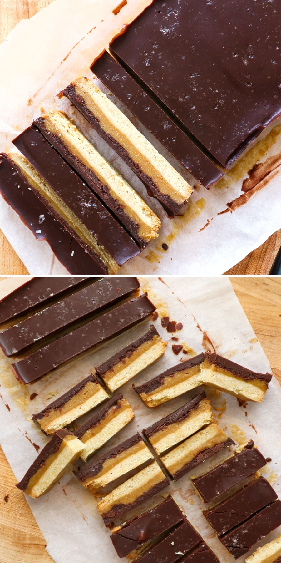 twix bars sliced into 12 slices and then into fun size pieces.
