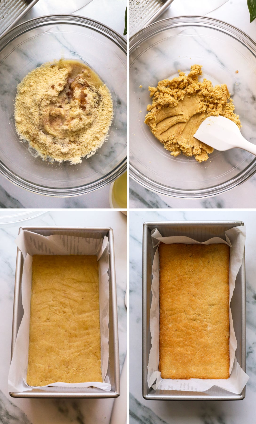 almond flour cookie dough mixed in a bowl and pressed into a loaf pan to bake.
