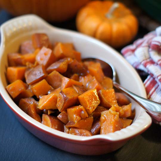 maple glazed sweet potatoes in a dish