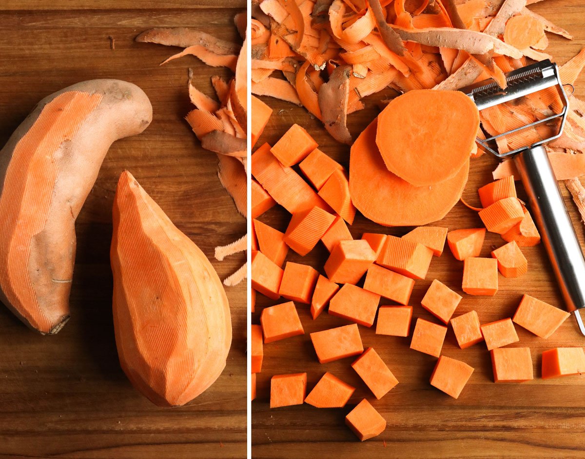 peeled and cut sweet potatoes on board