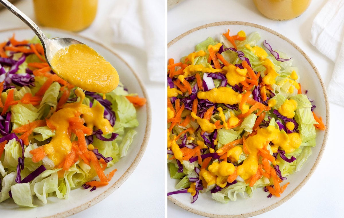 carrot ginger salad poured on salad