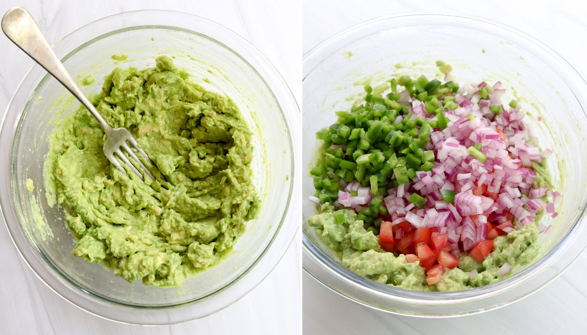 guacamole mashed together in glass bowls.